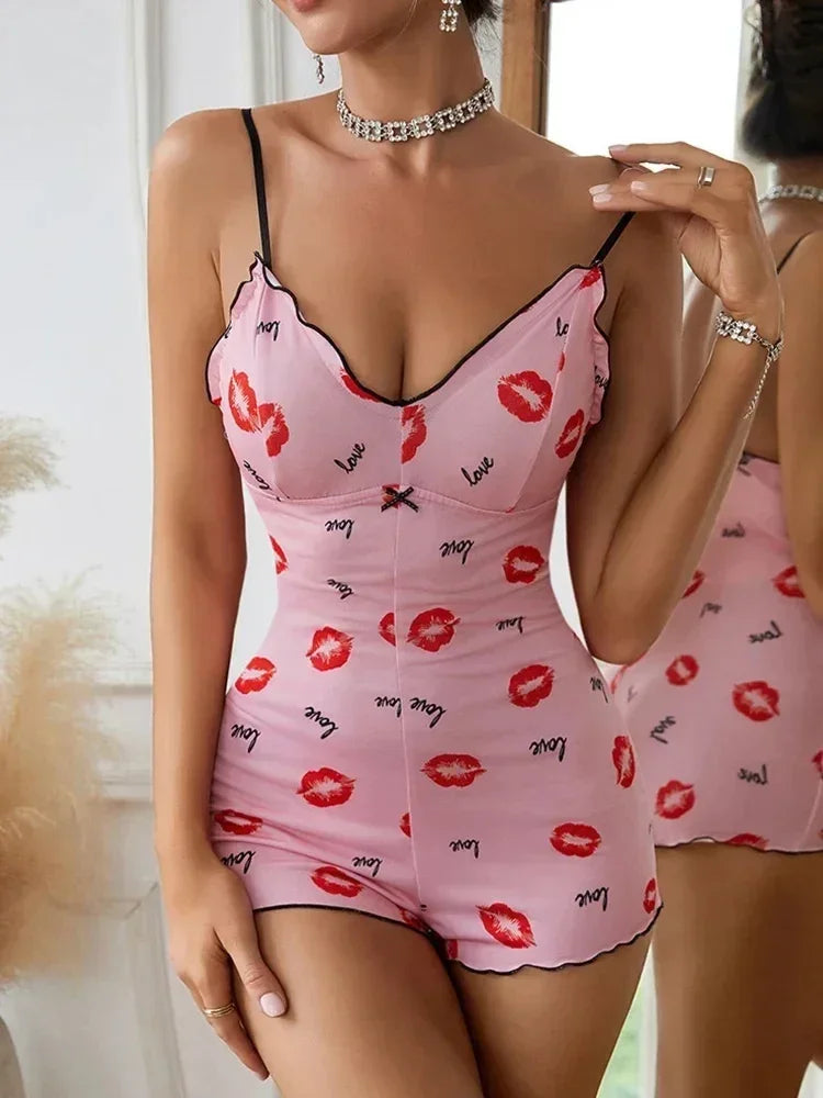 Women's Pajamas One Piece Pajamas Red Lip Printed Sleeveless Pijama Short Onesie Adults V-Neck Suspenders Funny Pajamas Bodysuit