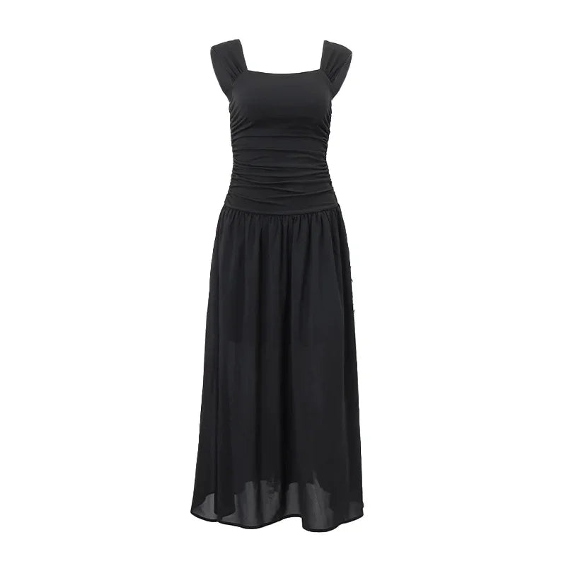 Ruched Bodycon Maxi Dress | Square Neck Slip Dress -femstylo
