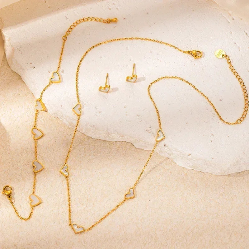ANENJERY 316L Stainless Steel Heart Shell Necklace Bracelet Earrings For Women Girls Simple Fashion Jewelry Set Gifts Wholesale