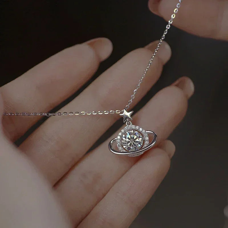 925 Sterling Silver Planet Shape Necklace Simple Charm Shiny Geometric Shape Pendant Birthday Gift for Women Exquisite Jewelry