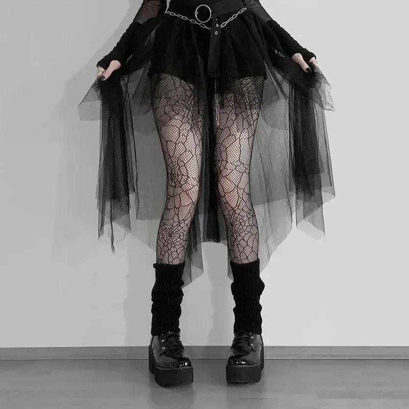 Casual Skirts Punk Sexy Net Yarn High-Waisted Irregular Skirt for Women Summer New European and American Gothic Style Versatile