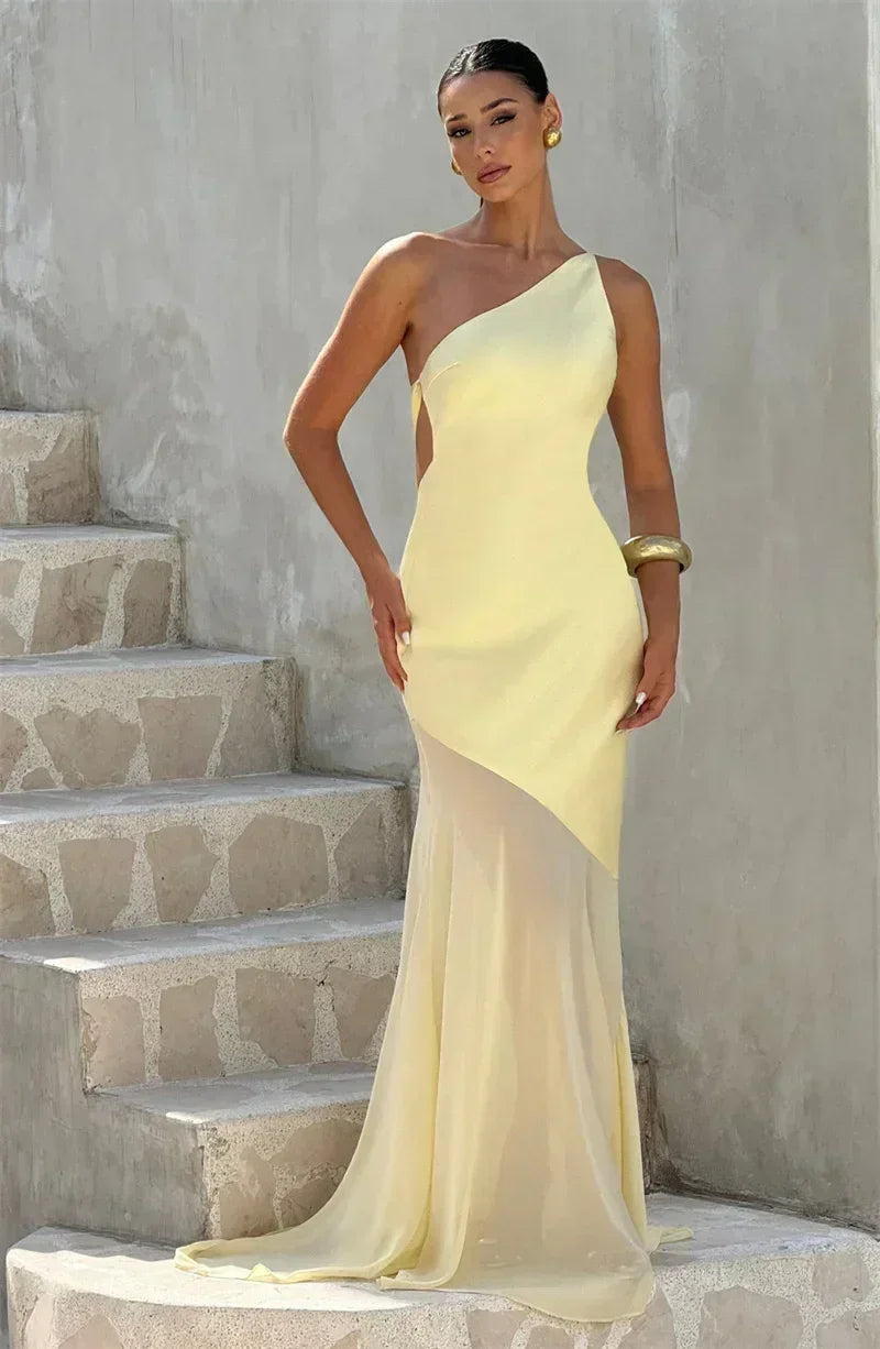 Mozision One Shoulder Backless Sexy Maxi Dress Women Gown Fashion Patchwork Sleeveless Bodycon Club Party Long Dress Elegant