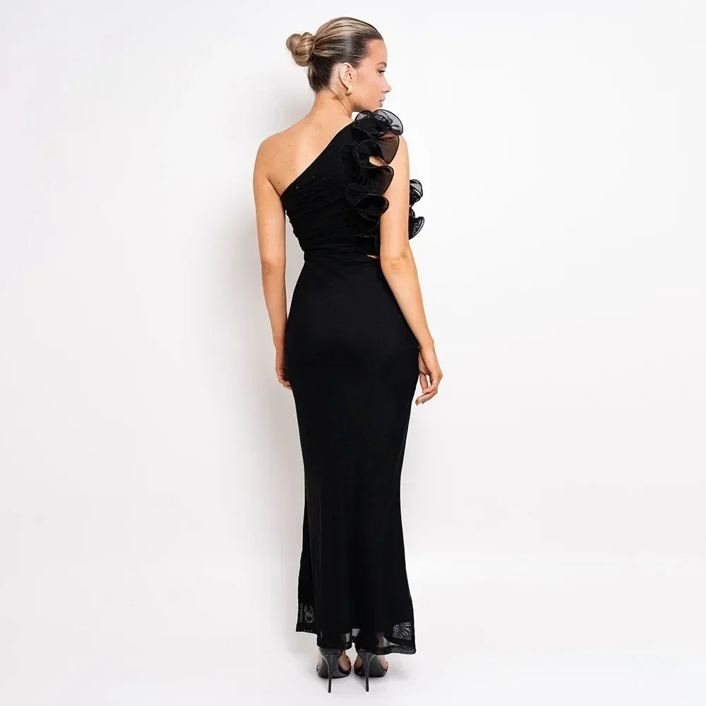 Articat Elegant Sleeveless Slant Shoulder Flower Dress Women Spring/Summer 2025 Sexy Mesh Wrap Hip Dress Party Evening Dress
