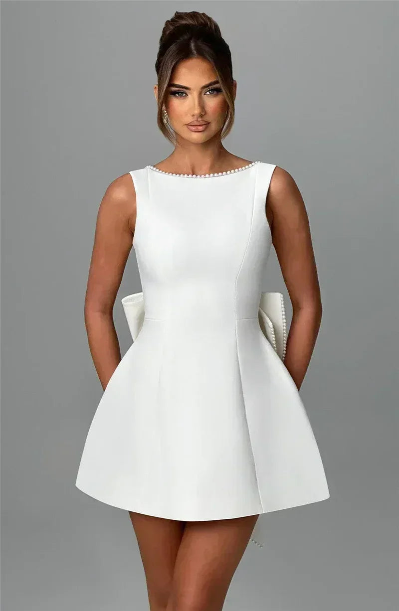 Mozision Pearl Bow Backless Sexy Mini Dress For Women Robe Fashion Zipper Sleeveless High Waist A-line Club Party Dress Elegant