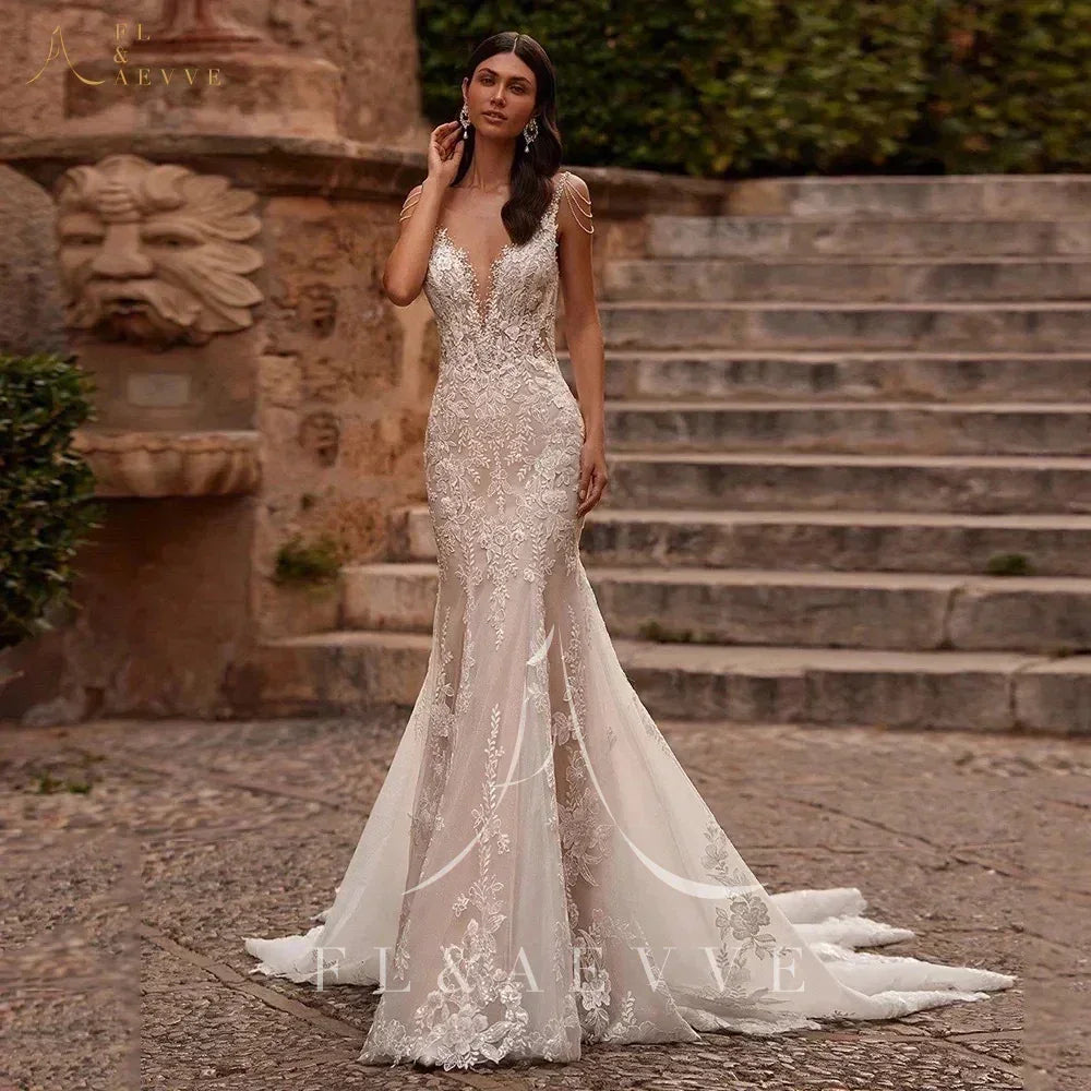 FL&AEVVE Customized Luvury Lace Wedding Dress Spaghetti Straps Beach Bridal Dresses Wedding Party Gown vestidos de novia