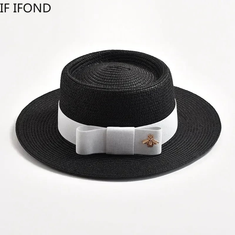 NEW Spring Summer Straw Hats for Women Round Bumpy Surface Flat Top Bowknot Dress Cap Travel Beach Sun Hat Gorra