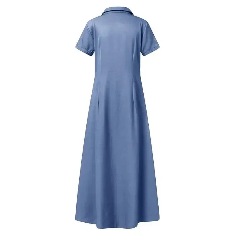 2024 Women New Lapel Pocket Splicing Casual Short Sleeved Solid Color Large Swing Denim Dress Loose Single Breasted Shirt Dress