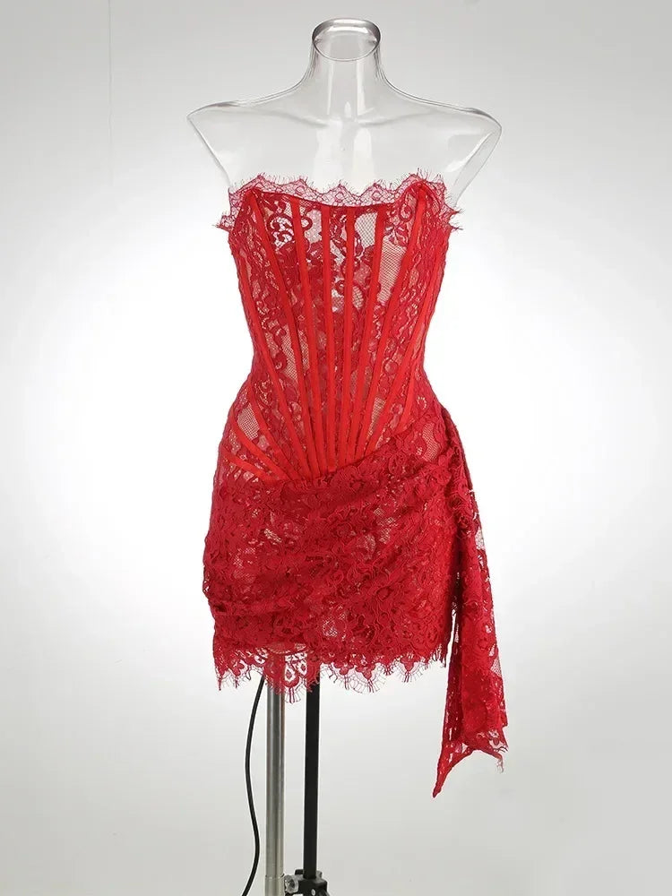 TARUXY Sexy Lace See-through Patchwork Corset Dress Female Bodycon Elegant Party MIrrgualr Mini Dress Women Tube Top Dress New