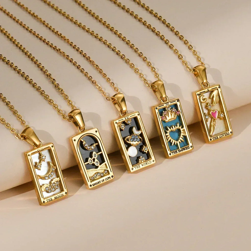 YILUOCD Original Zirconia Tarot Card Necklace Classic Tarot Queen Lover Magician Moon Wealth Amulet Stainless Steel Jewelry