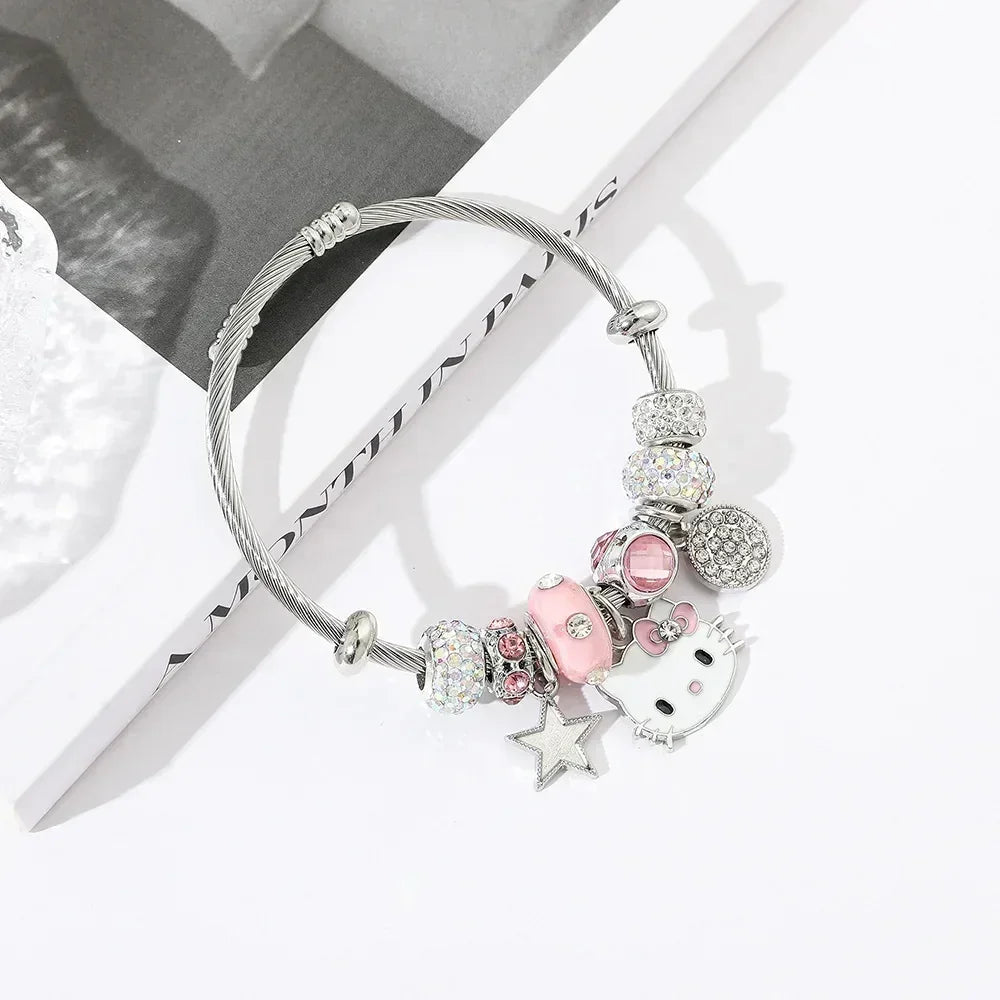 2pcs/set fashion exquisite cartoon cute hello Kitty trendy inlaid rhinestone jewelry set, suitable for daily wear, suitable as a