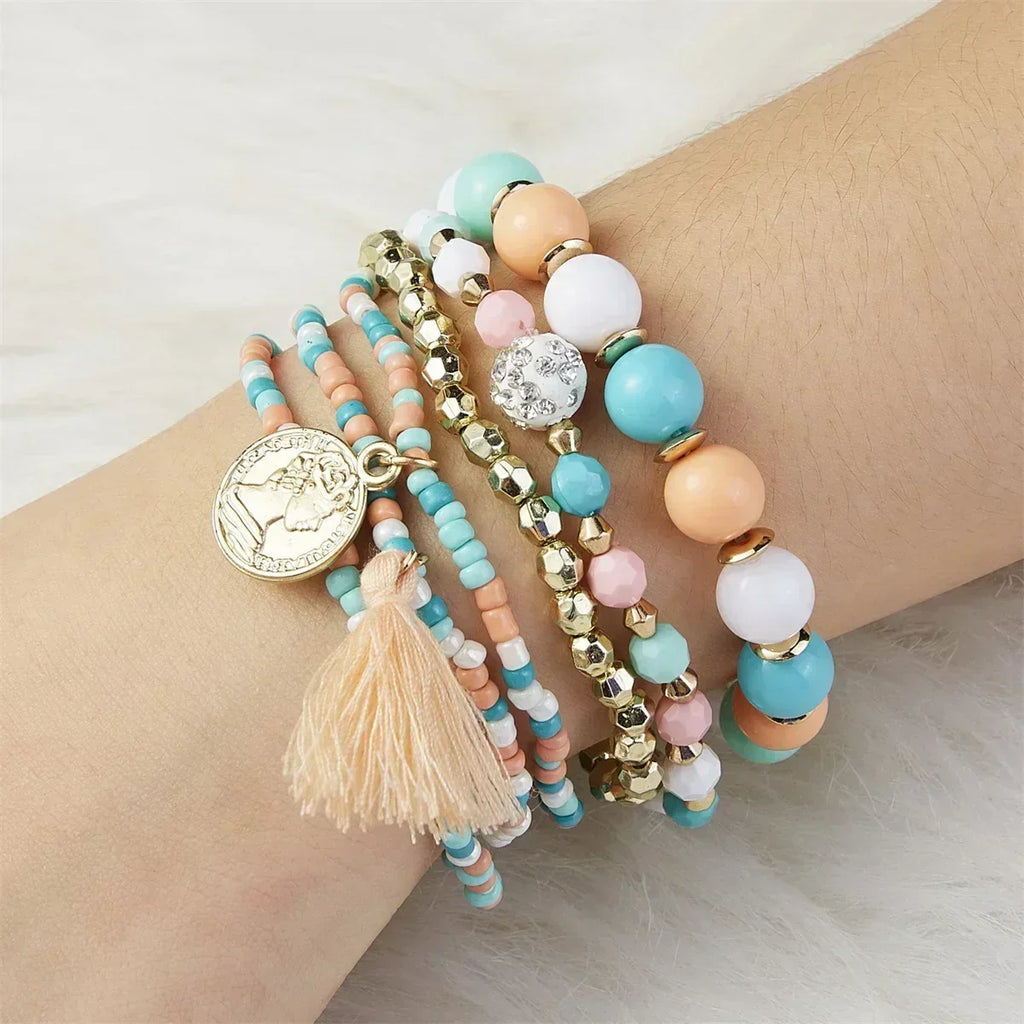 Bohemia Crystal Tassel Multicolor Beads Bracelets For Women Handmade Elastic Rope Charm Wrap Bracelet Summer Beach Party Jewelry