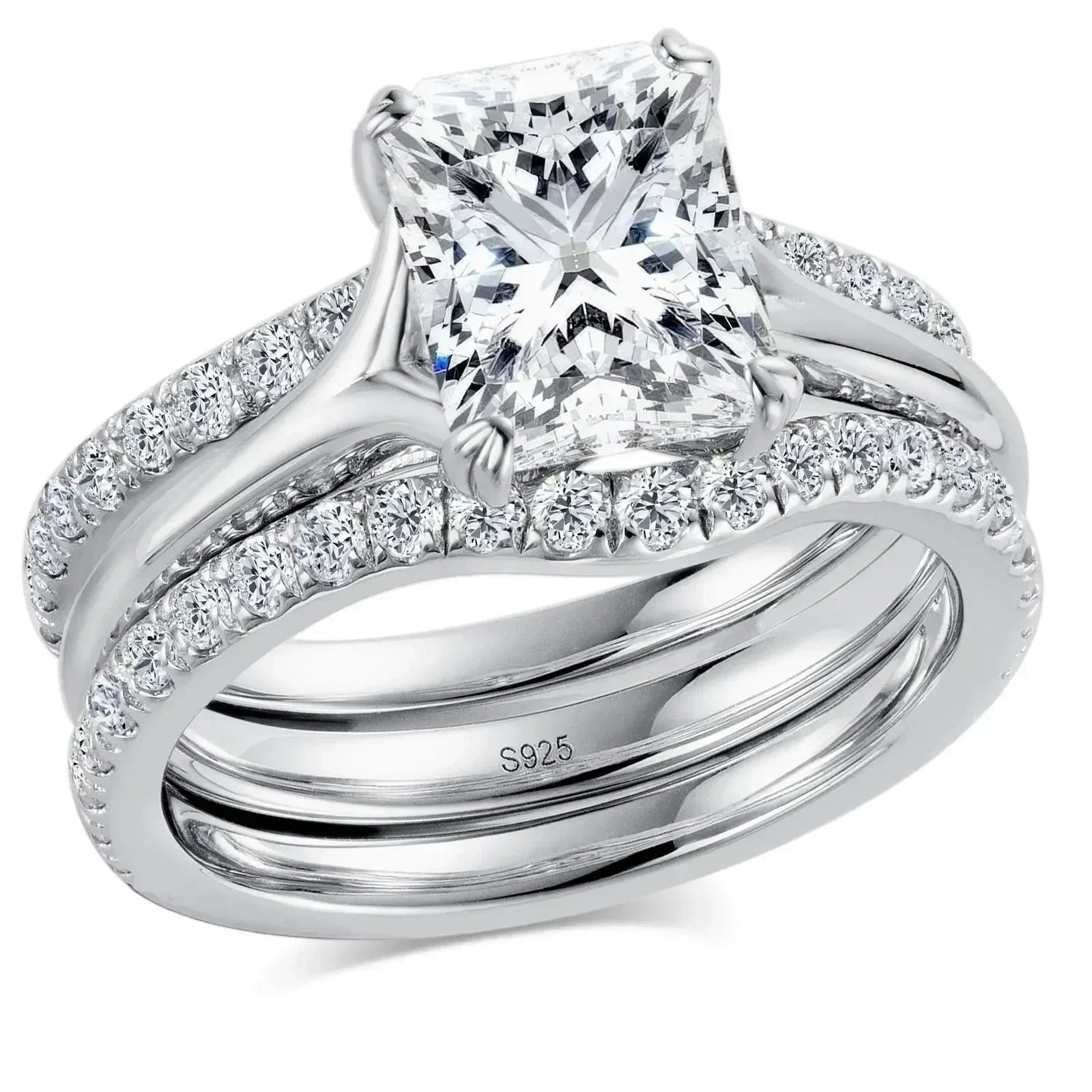 DEZO 4.05cttw All Moissanite S925 Silver Wedding Ring Sets for Women Main Stone 3ct Radiant Cut D Color GRA Certificate