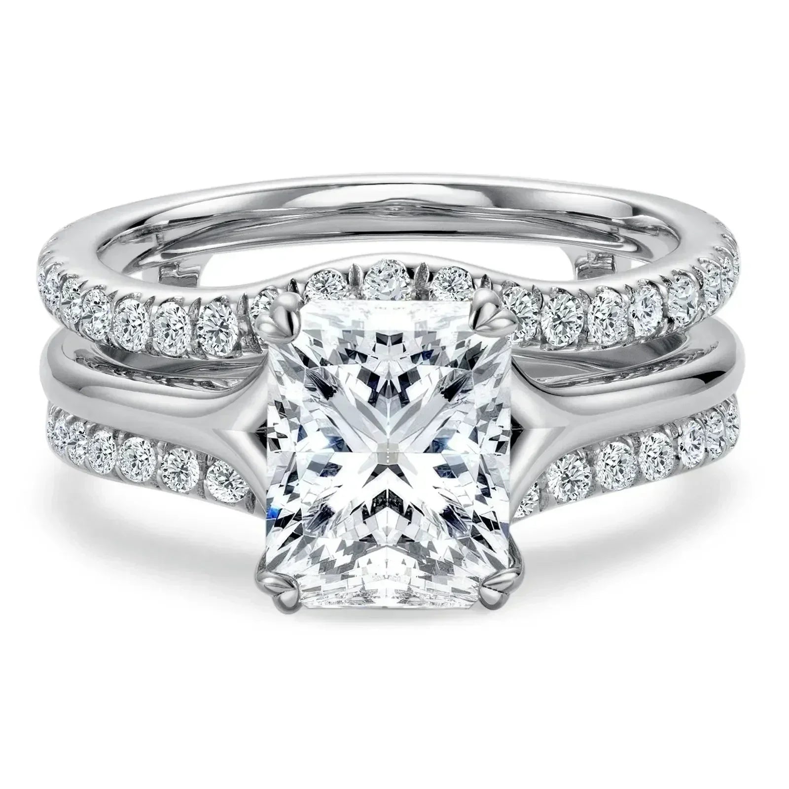 DEZO 4.05cttw All Moissanite S925 Silver Wedding Ring Sets for Women Main Stone 3ct Radiant Cut D Color GRA Certificate