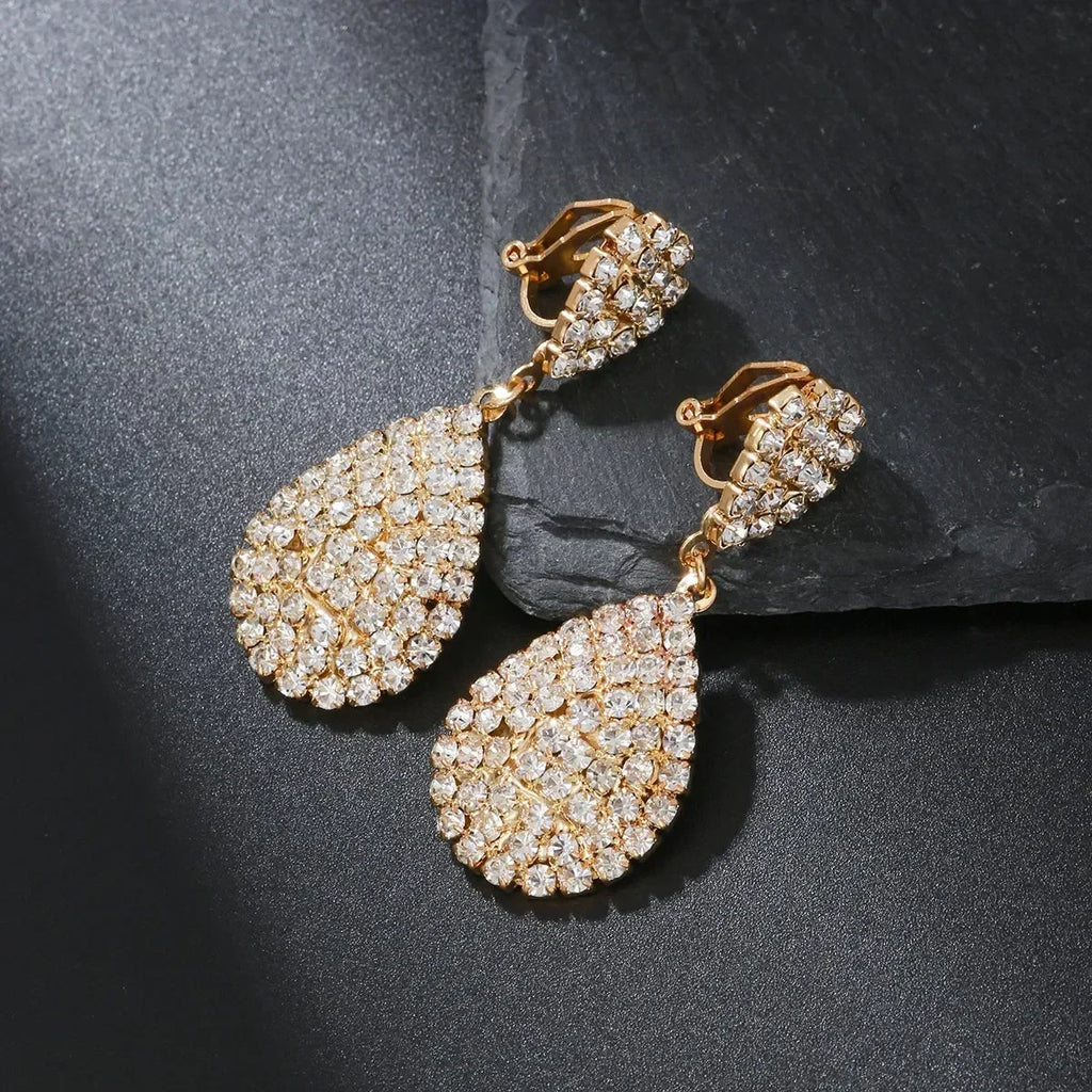 Water Drop Clip On Earring Cubic Zirconia Crystal Dangle Earrings Statement Earrings no pierced for Women Wedding Bridal jewelry
