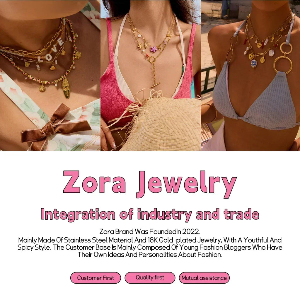 Zora Colorful Summer Holiday Style Conch Pendant Necklace Women's 18K Gold-plated Stainless Steel Multi Charm Fashion Jewelry