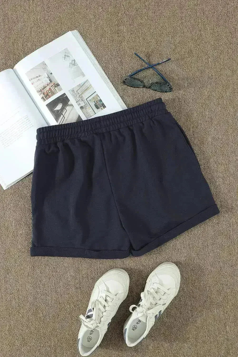 Summer Women Navy Blue Tie Waist Side Pockets Cuffed Lounge Shorts