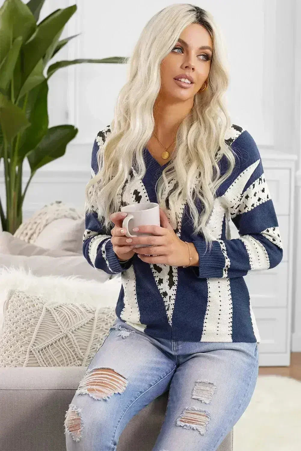 Blue Animal Print Sweater - Leopard Accent V-Neck Knit Top | Femstylo