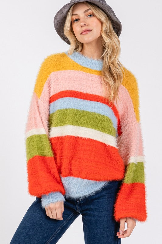 Back To School Sweater - SAGE + FIG Color Block Round Neck Dropped Shoulder Sweater