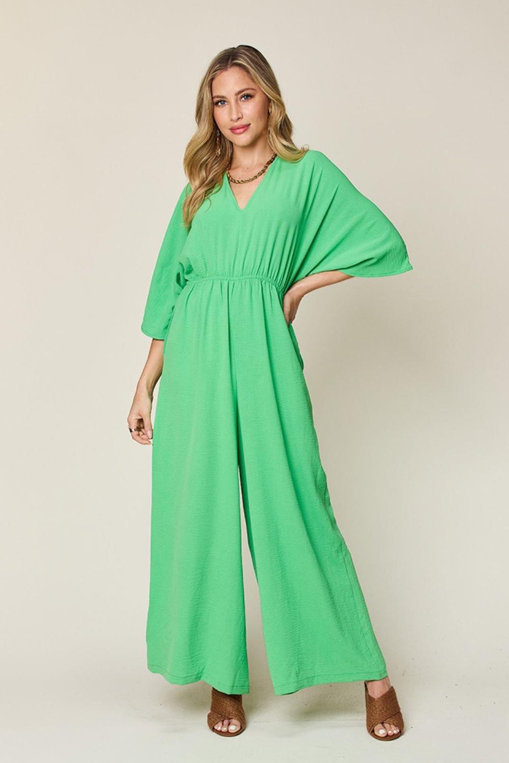 Tie-Waist Jumpsuit with Wide Legs and Short Sleeves