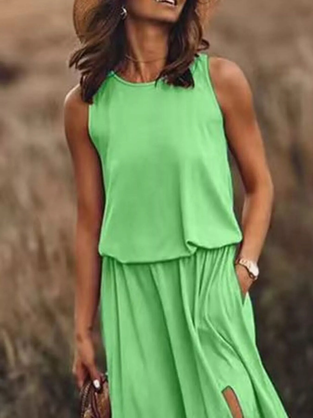 Full Size Round Neck Sleeveless Slit Maxi Dress Plus Size