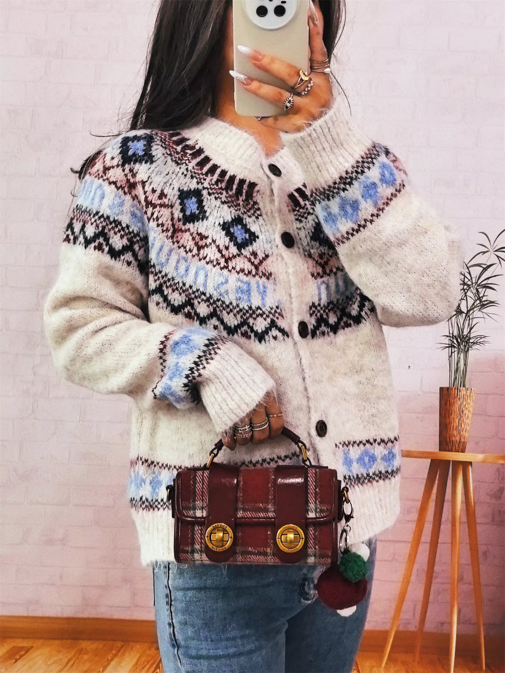 Geometric Pattern Button Up Long Sleeve Cardigan