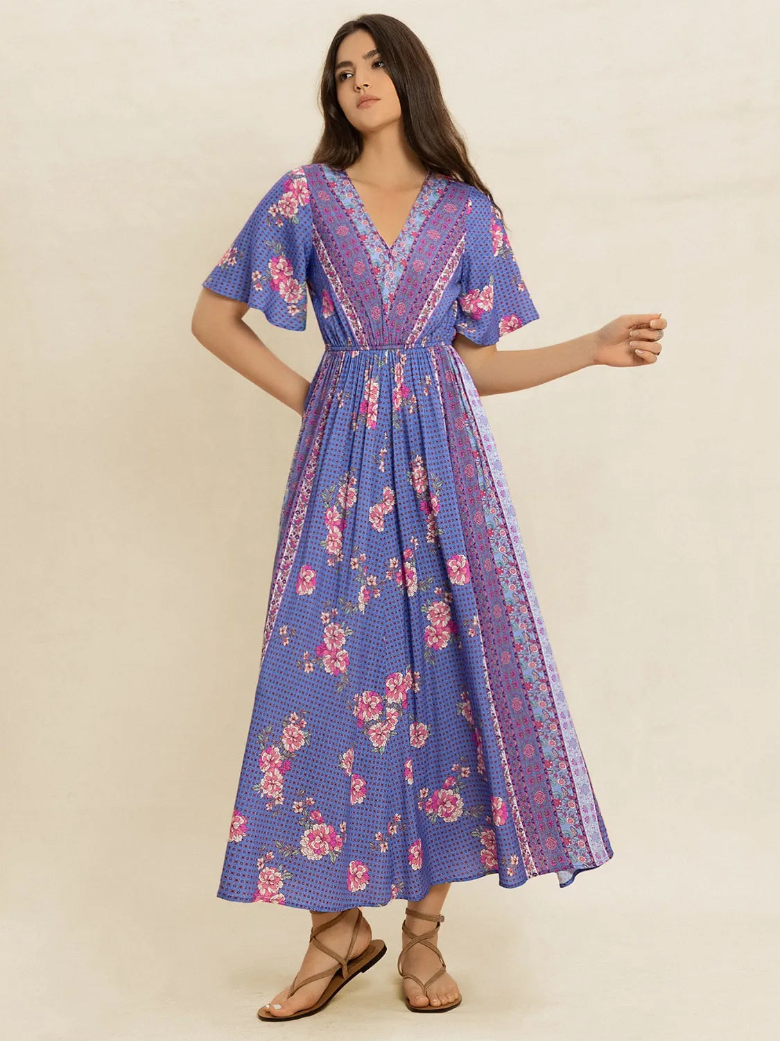 Printed Short Sleeve Midi Dress
