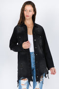 Women's Distressed Denim Jacket with Frayed Hem