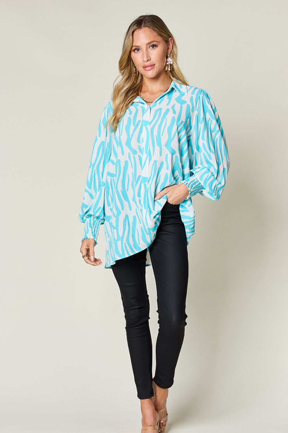 Smocked Long Sleeve Top with Alluring Print