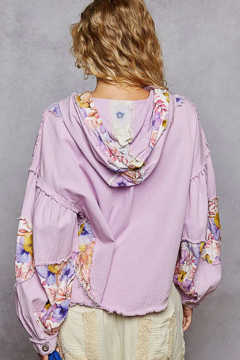 POL Raw Hem Floral Print Cropped Hooded Jacket