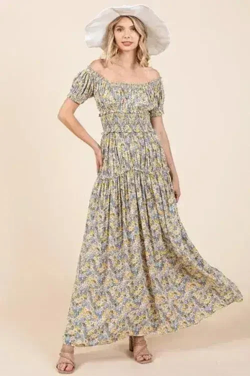 Floral Puff Sleeve Maxi Dress - Romantic Smocked Waist | Femstylo