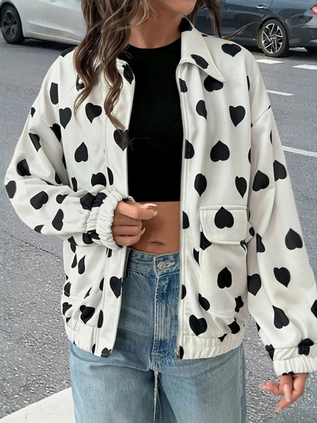 Heart Print Zip Up Jacket