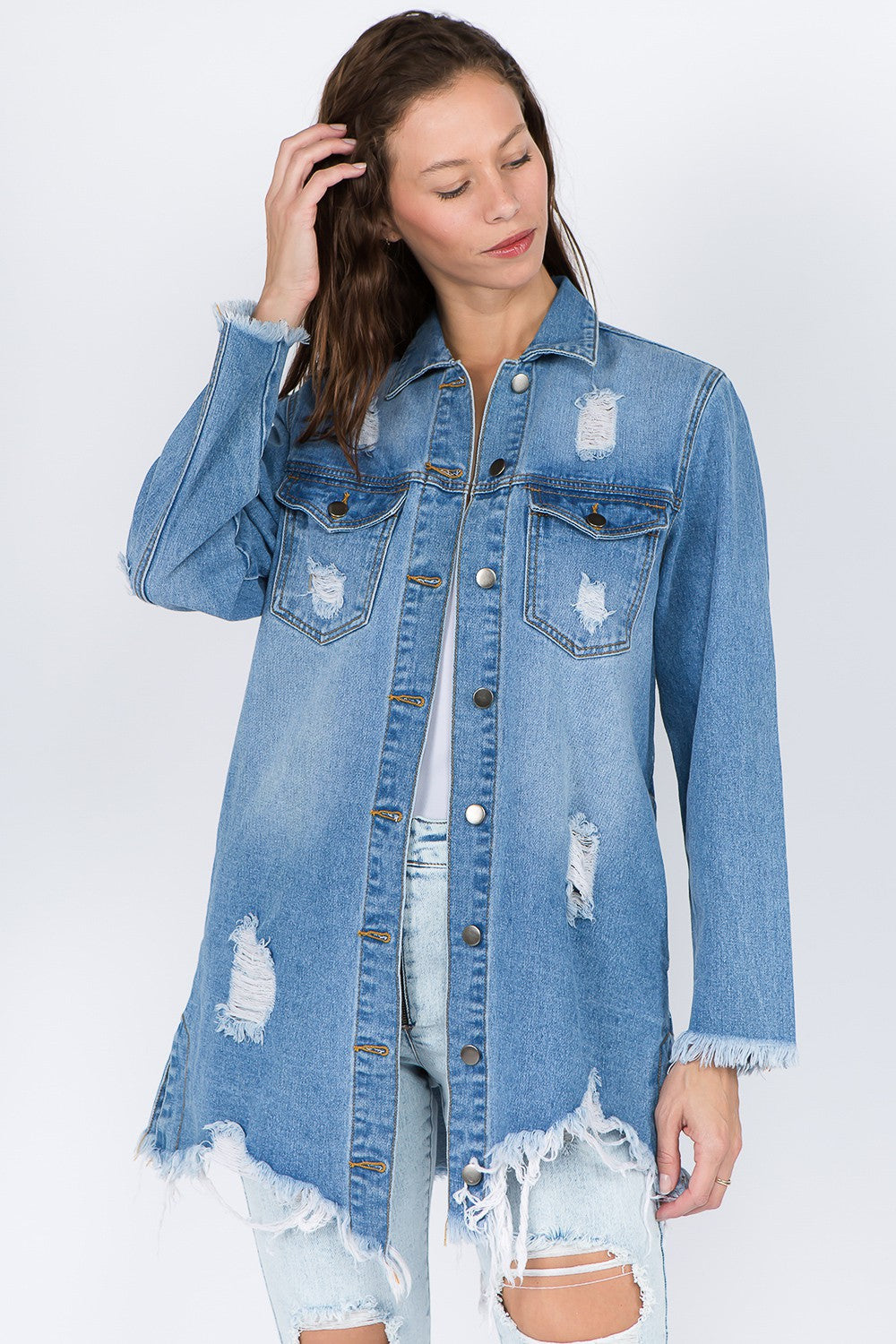 Women's Distressed Denim Jacket with Frayed Hem