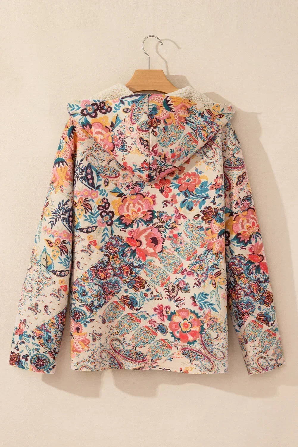 Beige Vintage Paisley Floral Printed Sherpa Lined Hooded Jacket