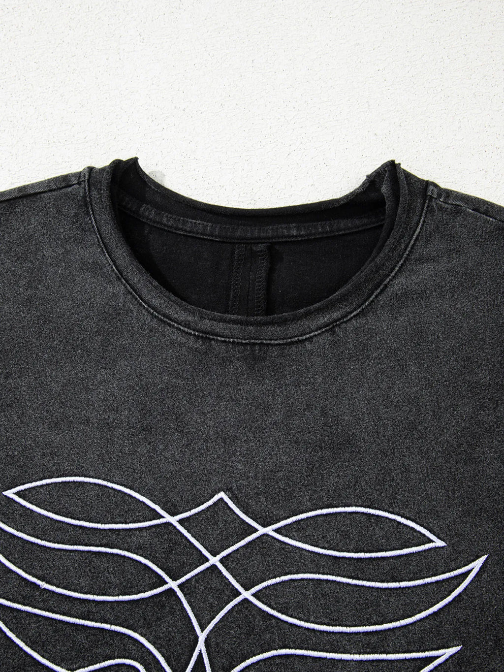 Floral Embroidered Mineral Wash Crew Neck T Shirt