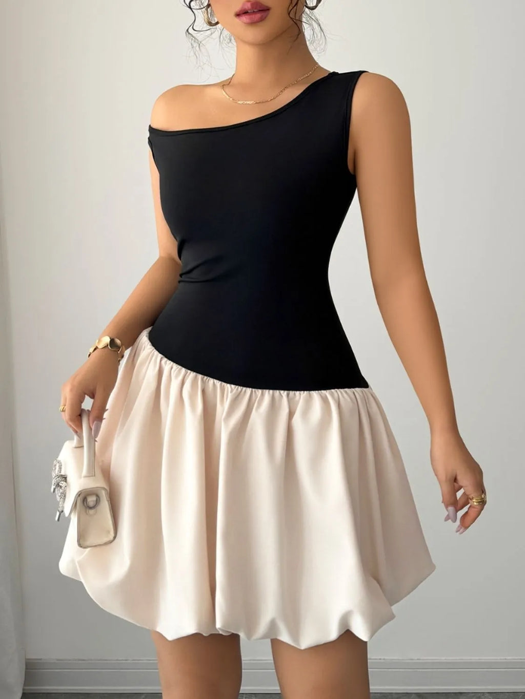 Contrast Single Shoulder Mini Tank Dress