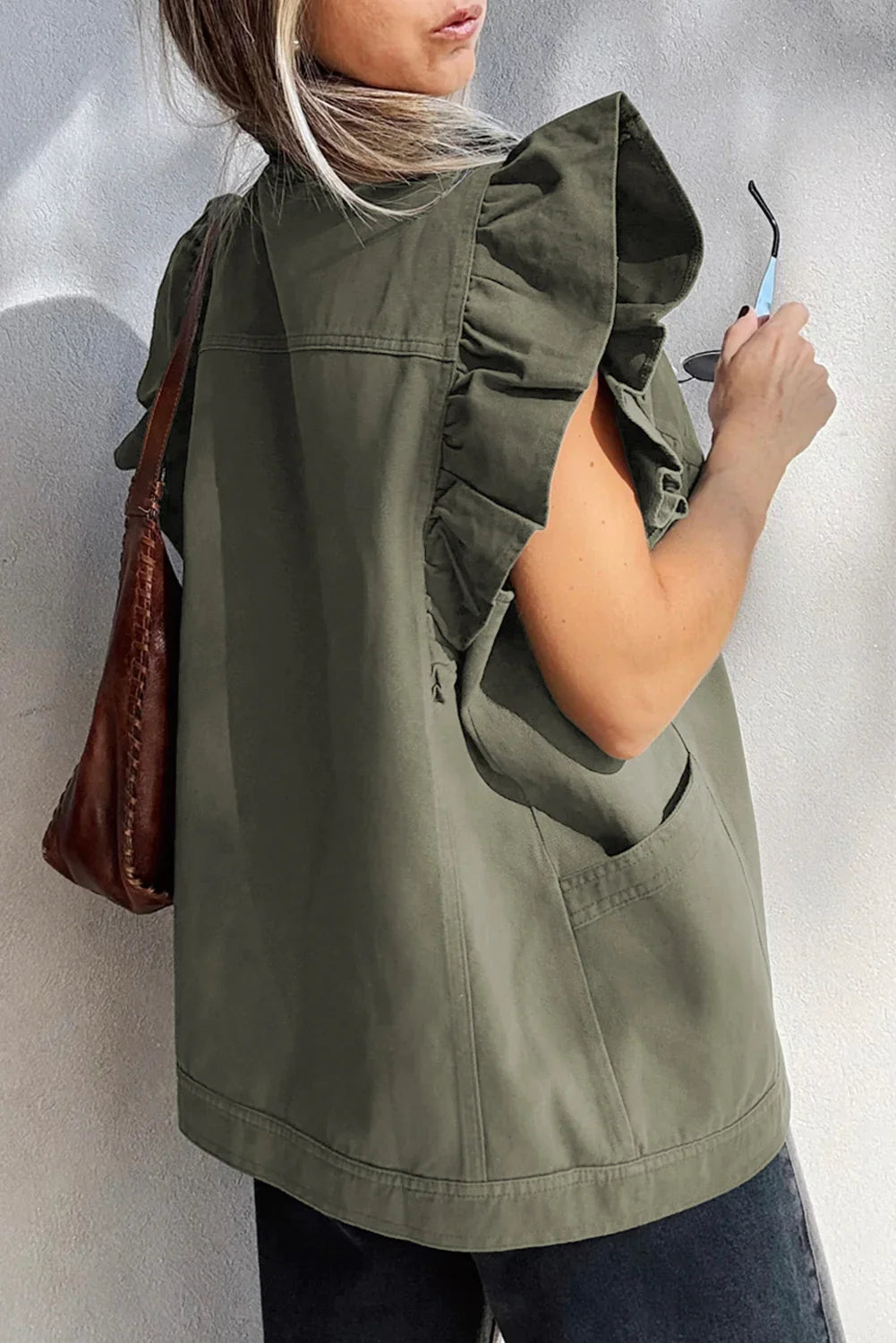 Green Bay Ruffle Plain Denim Jacket Vest