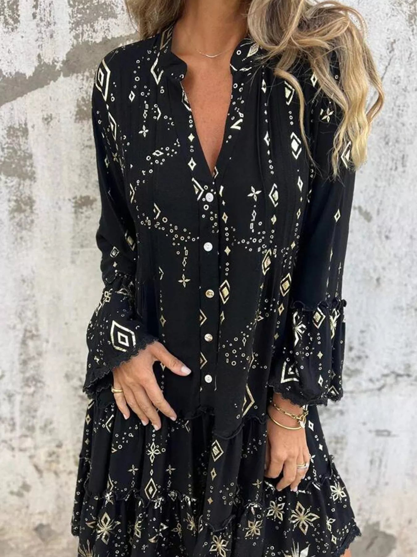 Full Size Printed Notched Flare Sleeve Dress Plus Size