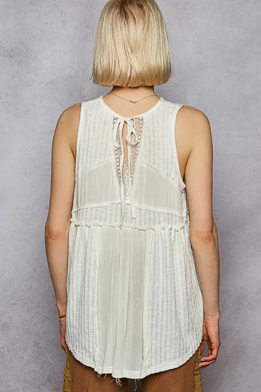 POL Lace Trim Round Neck Tank with Pintuck Detail