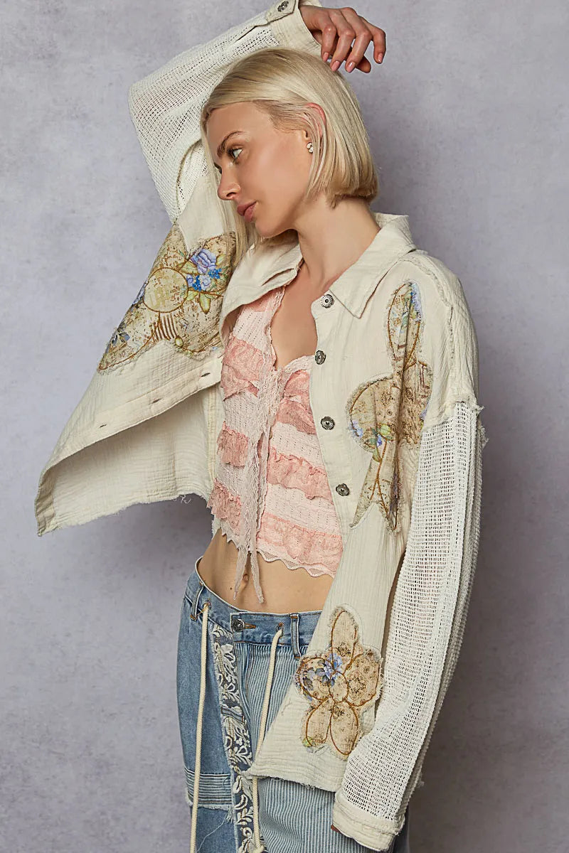 POL Button Down Exposed Seam Flower Print Patch Shirt with Crochet Long Sleeve