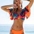 Bloom Day Ruffle Bikini Set – Chic Elegant Plant Print V-Neck Swimsuit with Tie-Back and High-Stretch Ruffle Trim – Women's 2-Piece Swimwear for Poolside Style & King’s Day Celebrations