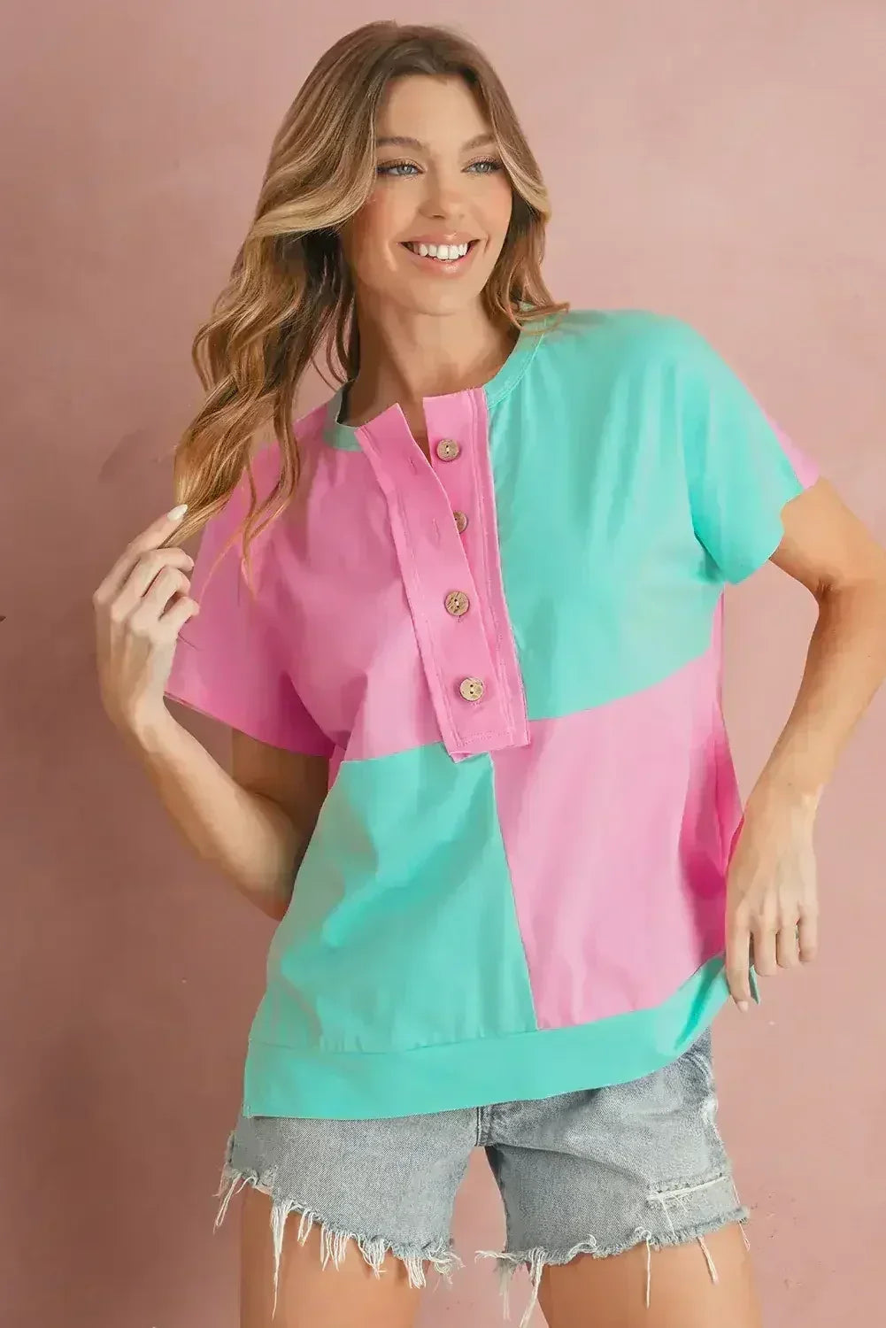 Mint Green Colorblock Half Buttons Henley T Shirt