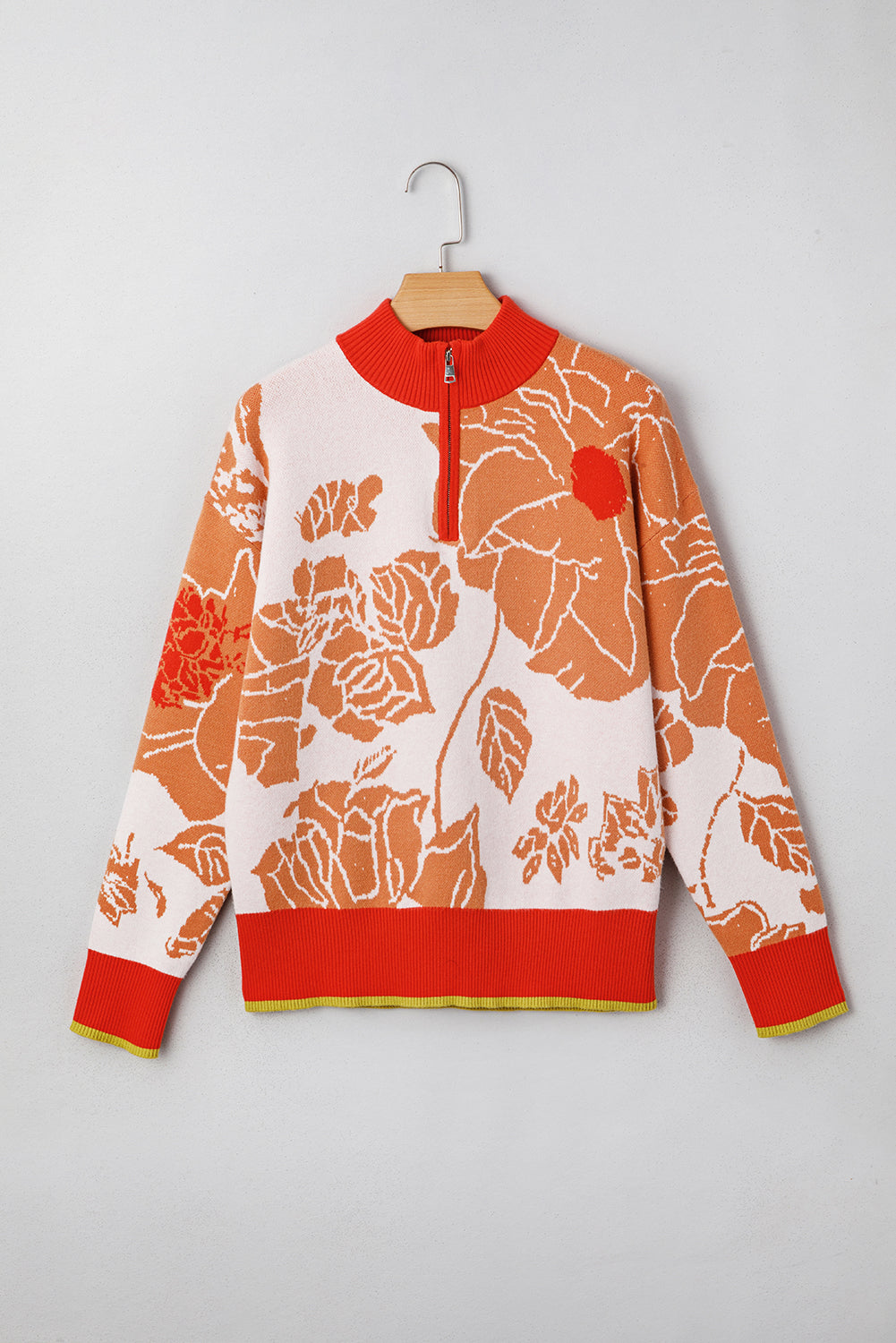 Khaki Ribbed Detail Floral Pattern Zip Collar Pullover Sweater