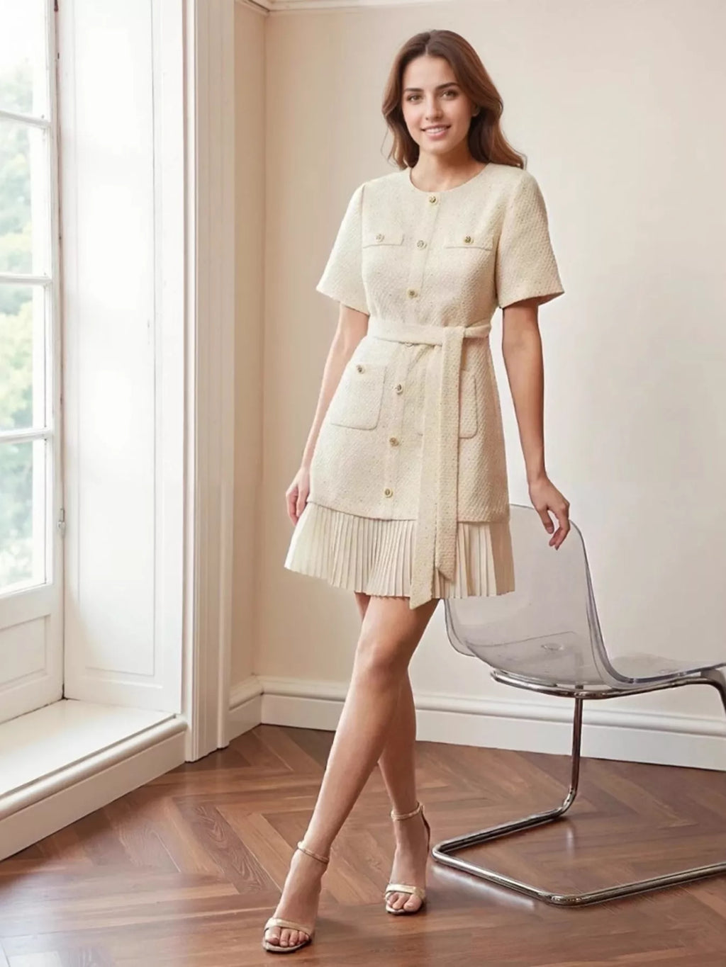 Pleated Hem Round Neck Dress