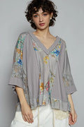 POL Floral V-Neck Raw Edge T-Shirt with Lace Detail