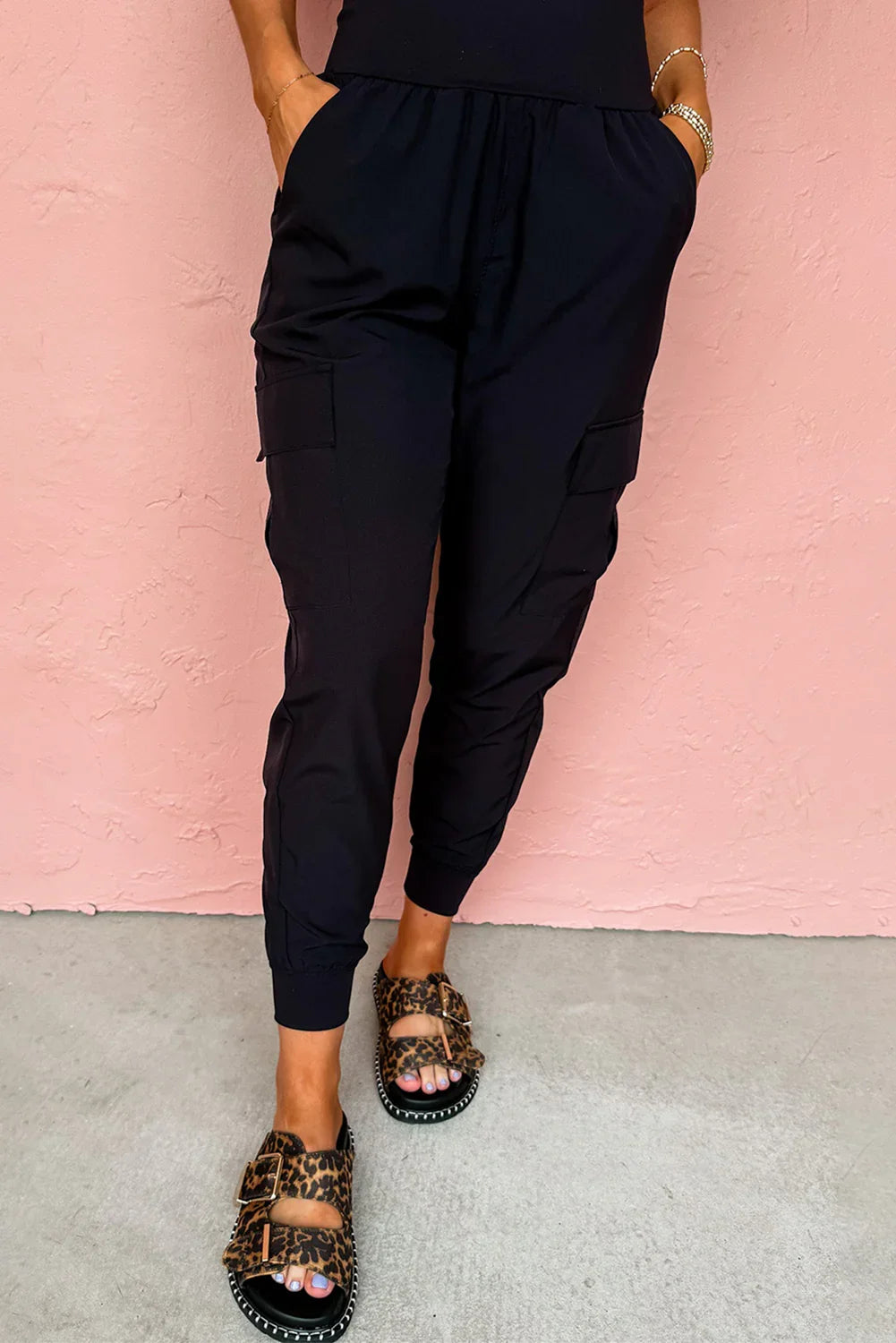 Black Elastic High Waist Pocketed Cargo Jogger Pants