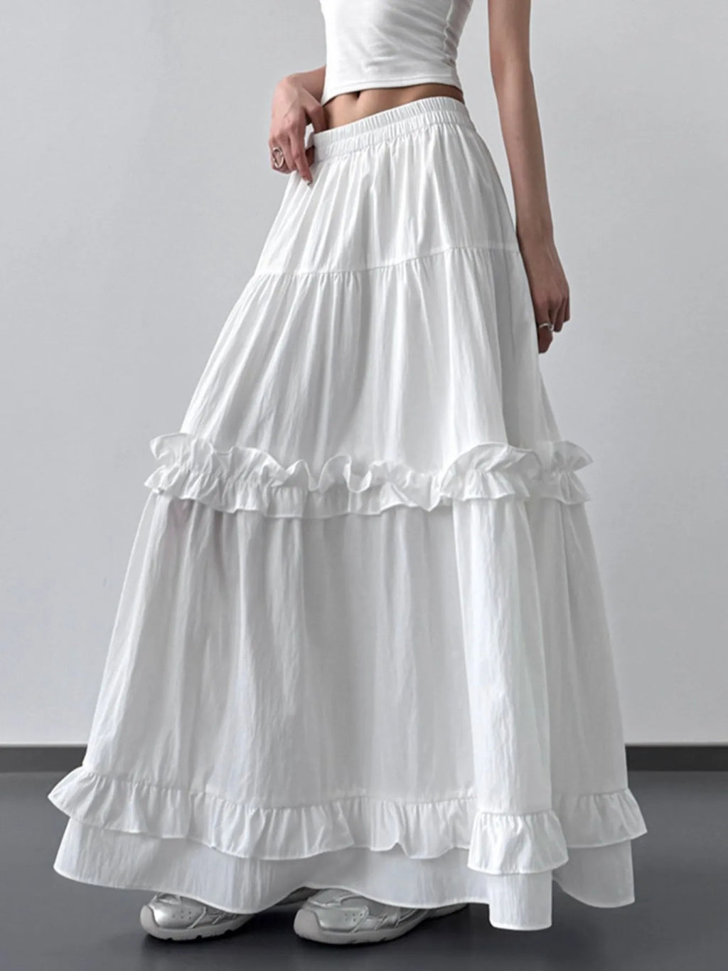 Elastic Waist Ruffle Maxi Skirt