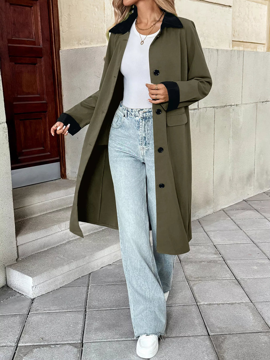 Contrast Collar Button Up Coat