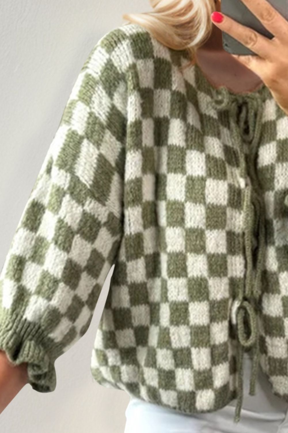 Back To School Sweater - Double Take Tied Checkered Dropped Shoulder Flounce Sleeve Cardigan
