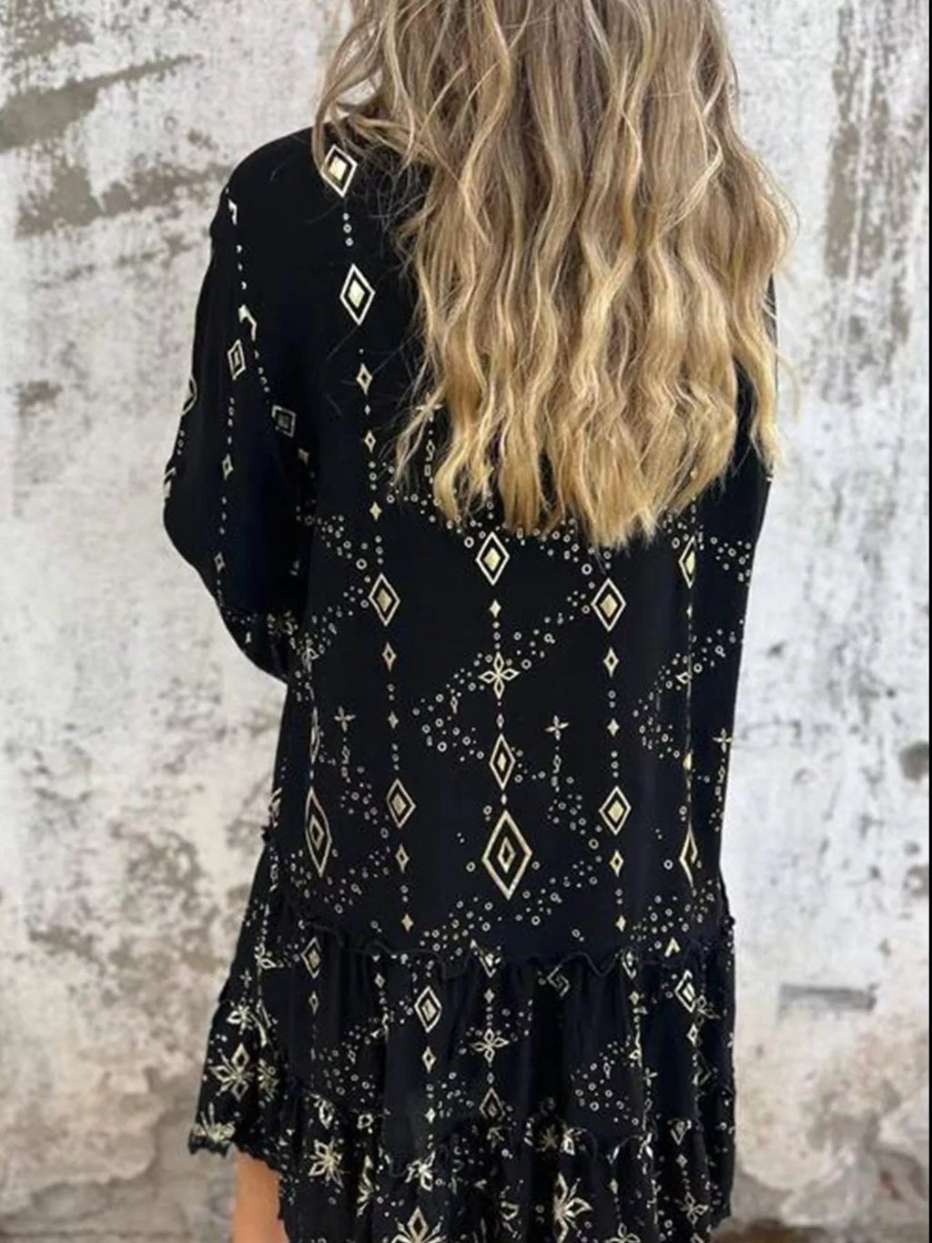 Full Size Printed Notched Flare Sleeve Dress Plus Size