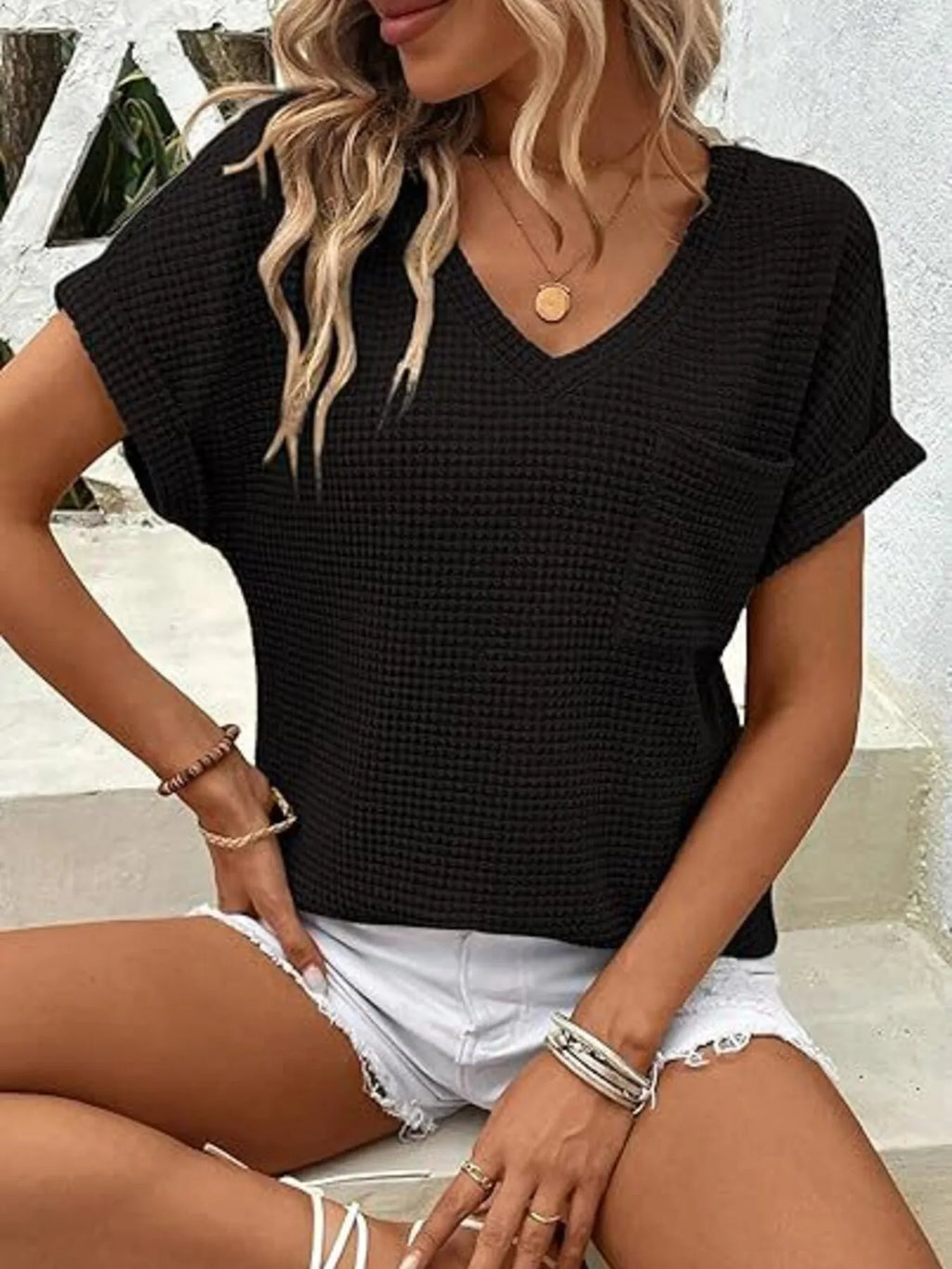 Waffle Knit V-Neck Casual T-Shirt